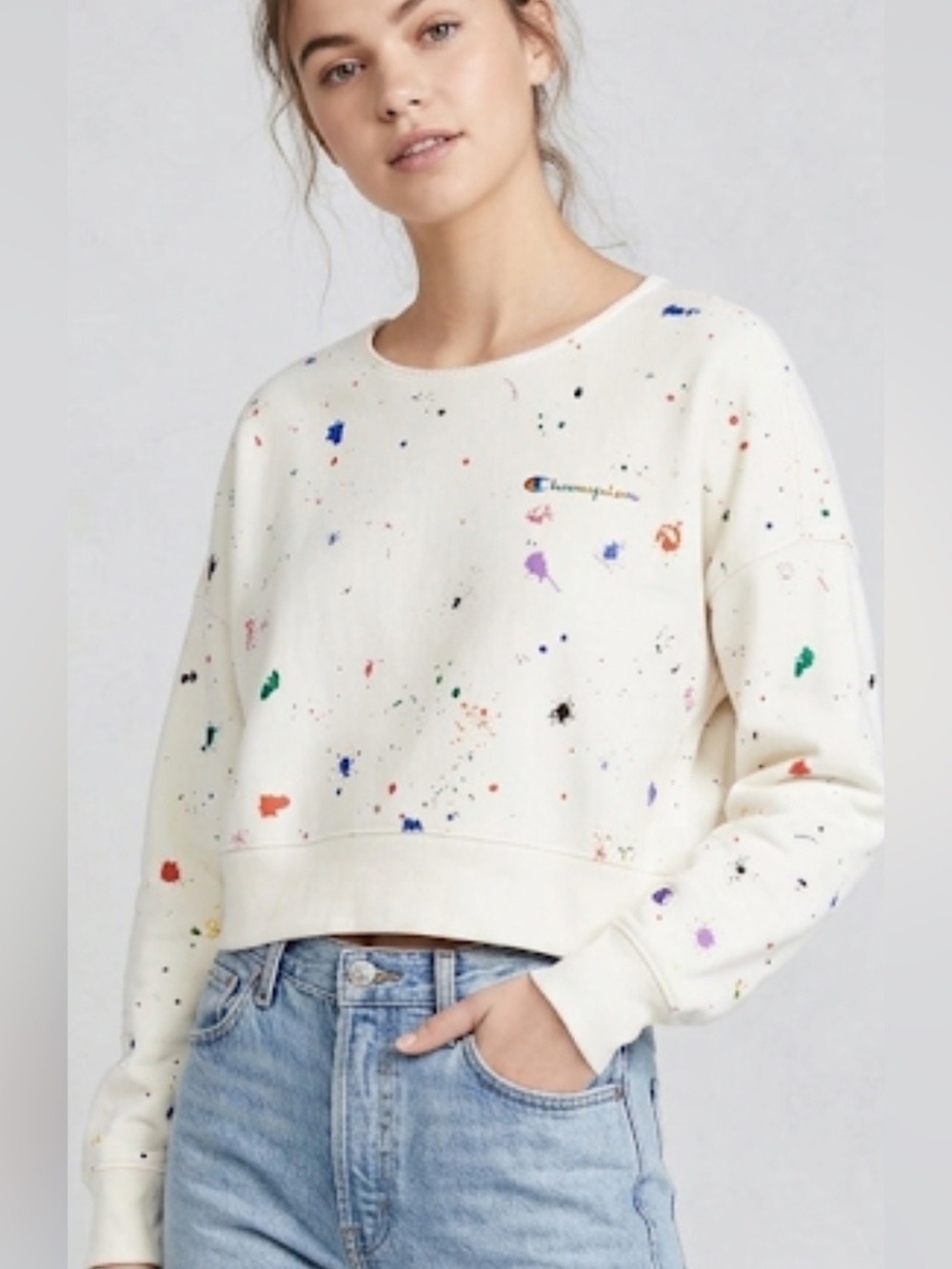Champion White Multicolor Splatter Crewneck Sweatshirt – Women’s Medium